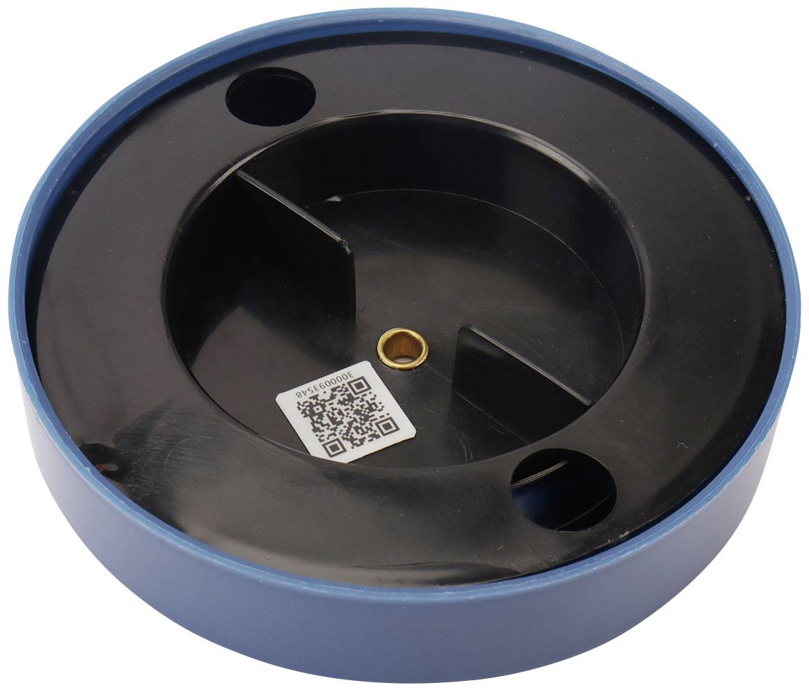 A round, blue plastic container with a black insert and a QR code sticker inside.
