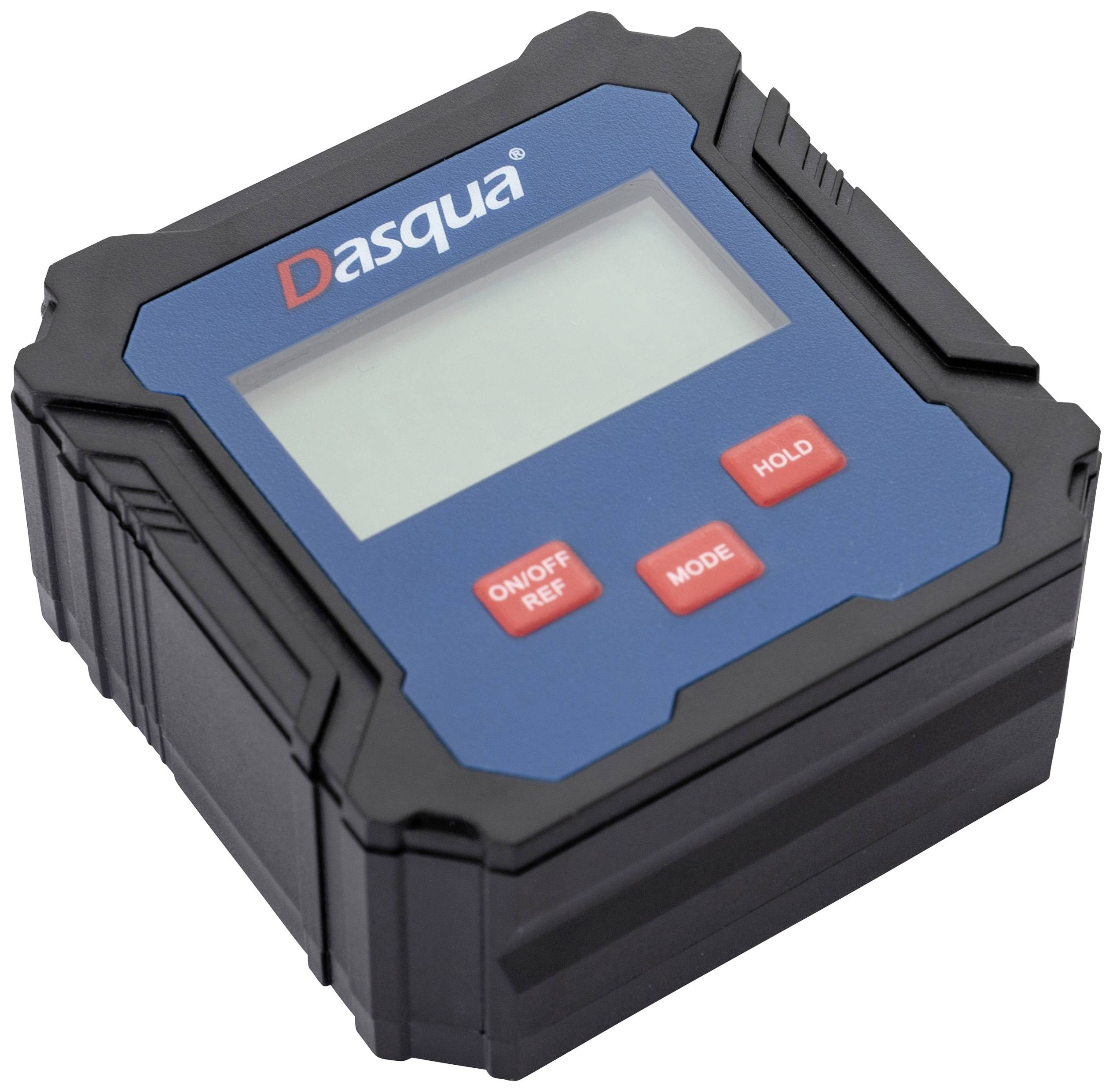 Electronic protractor with digital display, two red buttons ('MODE', 'HOLD'). Brand 'Dasqua', suitable for precise measurements.