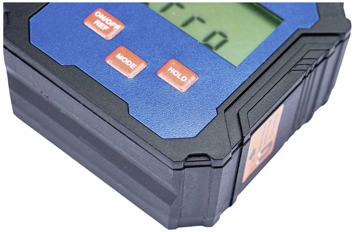 A digital measuring device with a blue surface and three red buttons: 'ON/OFF REF', 'MODE' and 'HOLD'. Display shows illegible characters.
