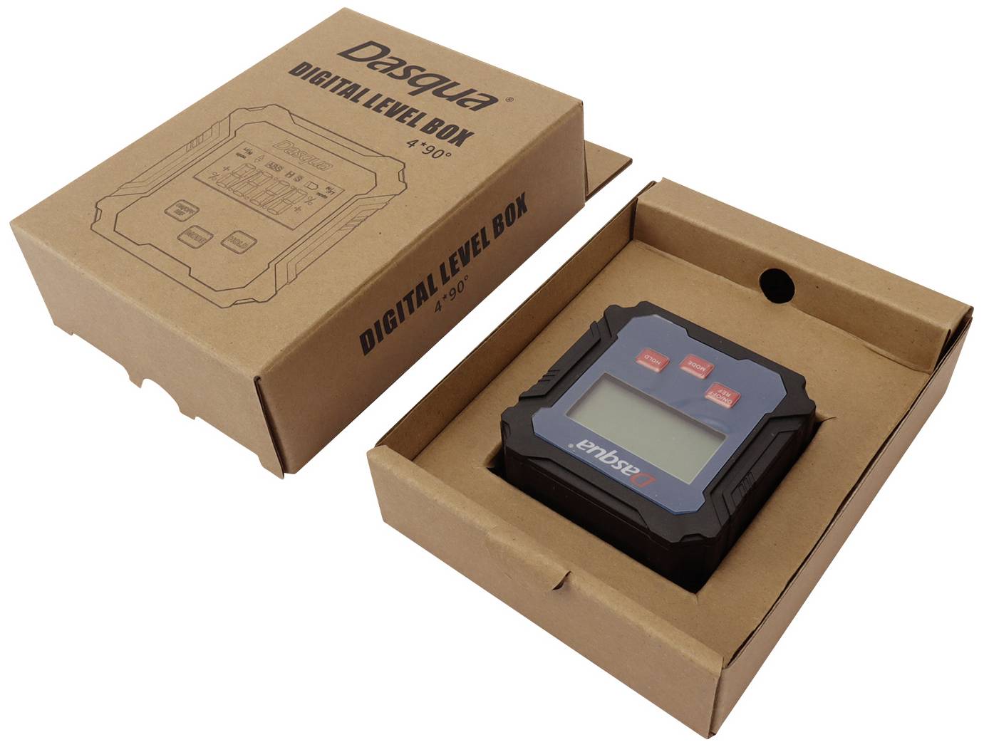 A digital spirit level by Daqua in an opened brown packaging.
