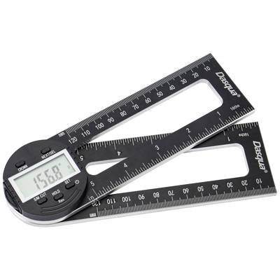 Digital protractor with LCD display showing 156.8 degrees. Black ruler design with metric and imperial units.