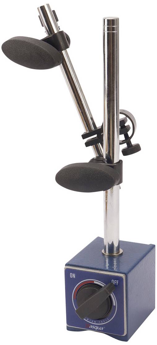 A blue laboratory magnetic stirrer with a metal stand and black rotary switch that can be toggled between 'ON' and 'OFF'.