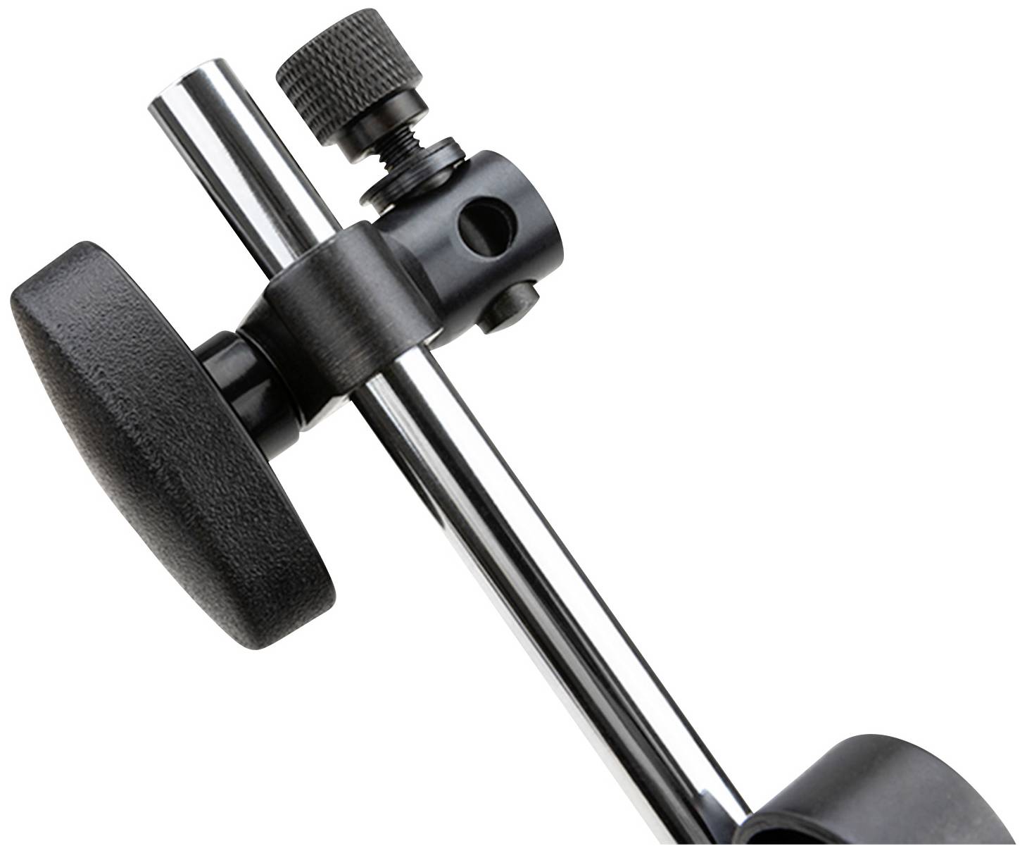 Close-up of an adjustable metal arm with screw mechanisms for securing and positioning devices.