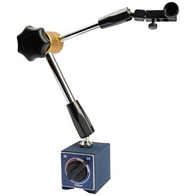 Magnetic measuring stand with articulated arms and rotary switch at the base, suitable for mounting measuring instruments in metalworking.