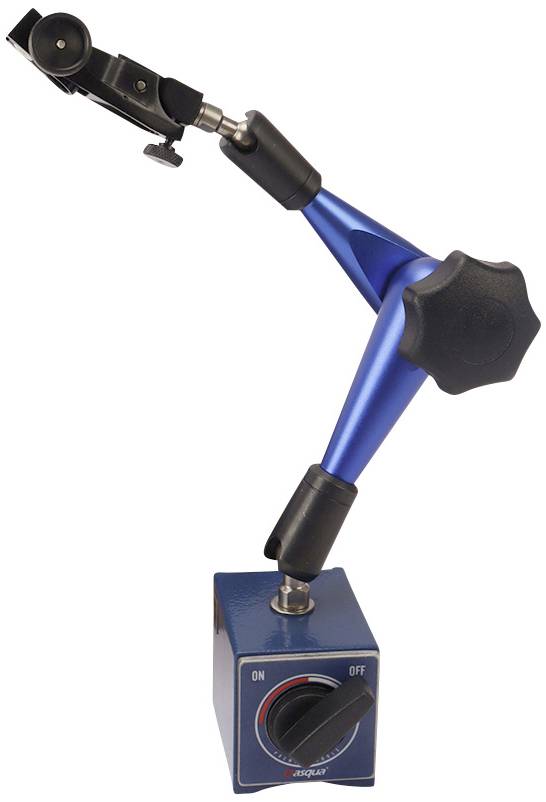 Magnetic measuring stand holder with blue arm and black turning knob on a rectangular base with an on/off switch.