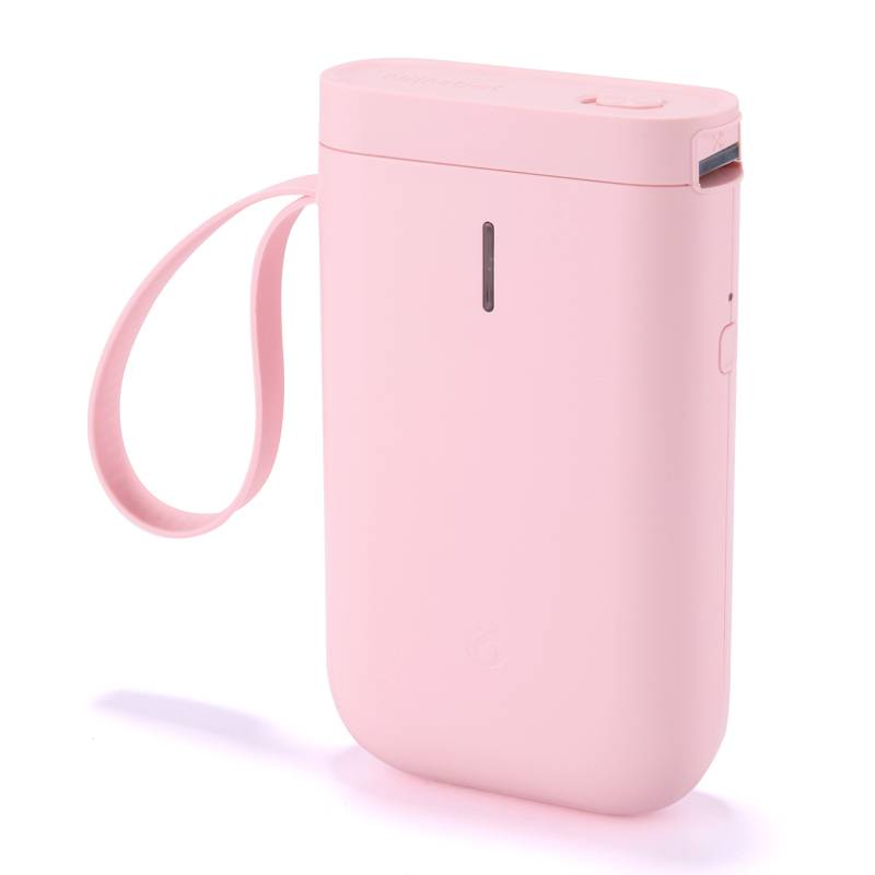 A pink, portable hand warmer device with a hand strap. It has a sleek, rectangular design with rounded corners.