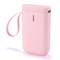 A pink, portable hand warmer device with a hand strap. It has a sleek, rectangular design with rounded corners.