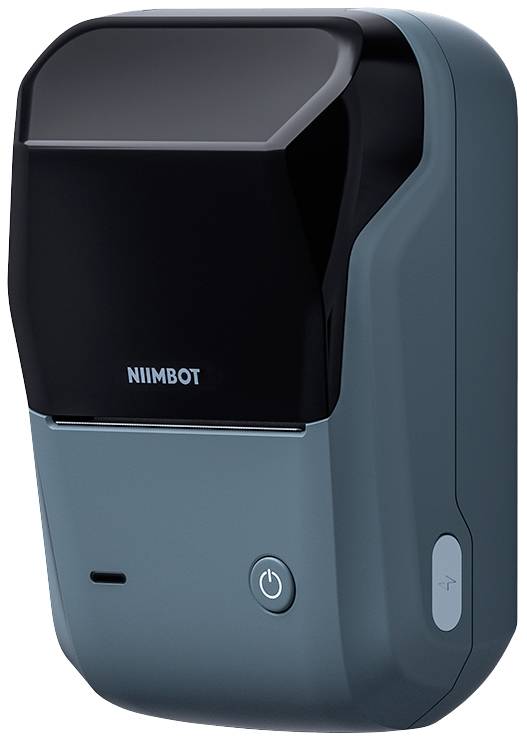Portable printer in blue and black. Device button is visible. 'NiiMbot' logo on the front.