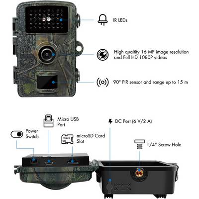 Wildlife Camera with IR LEDs, 16 MP Image Resolution, Full HD 1080P Video, 90° PIR Sensor, Range up to 15 m. Connections: Micro USB, microSD, DC Port.