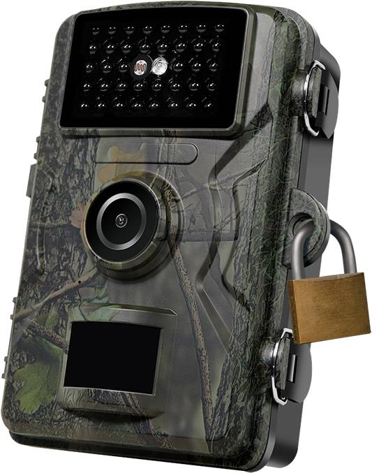 A camouflage trail camera with night vision and motion sensor, secured with a padlock, is used for wildlife observation.