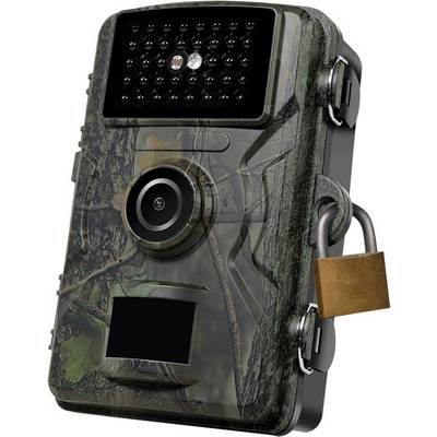 A camouflage trail camera with night vision and motion sensor, secured with a padlock, is used for wildlife observation.