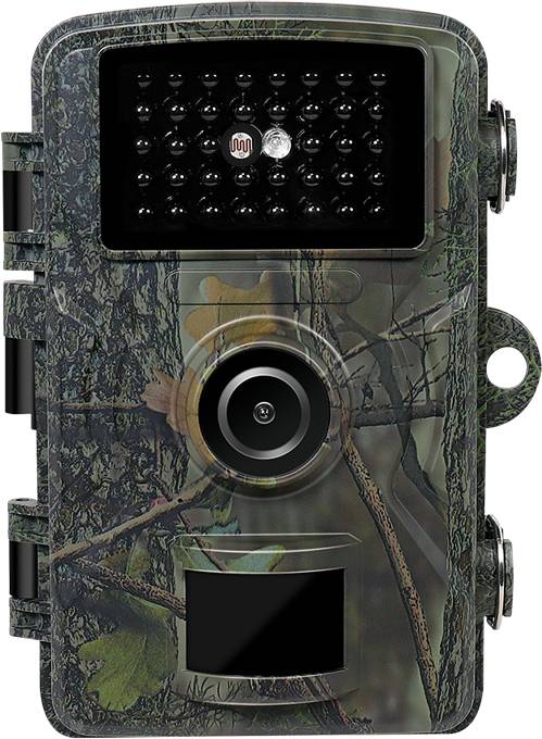 Wildlife camera in camouflage design with infrared sensor and photo lens, suitable for monitoring wildlife in their natural habitat.