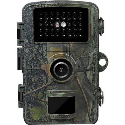 Wildlife camera in camouflage design with infrared sensor and photo lens, suitable for monitoring wildlife in their natural habitat.