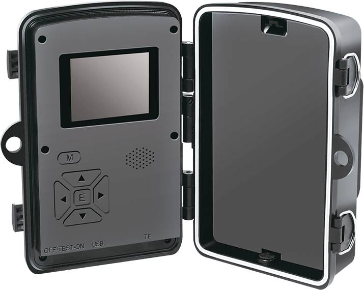 Black device with a small screen and control buttons. The hinged door is open. Device has a USB port and displays 'OFF-TEST-ON'.