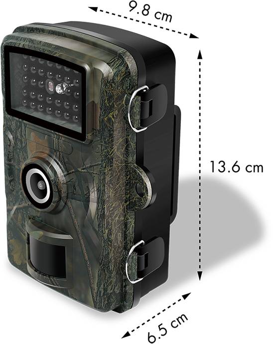 'Trail camera with camouflage design and infrared illumination, dimensions: 9.8 cm x 13.6 cm x 6.5 cm, ideal for wildlife observations outdoors.'