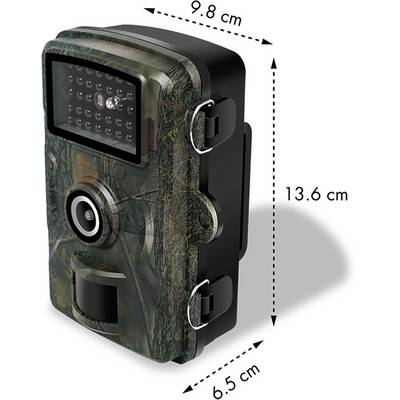 'Trail camera with camouflage design and infrared illumination, dimensions: 9.8 cm x 13.6 cm x 6.5 cm, ideal for wildlife observations outdoors.'