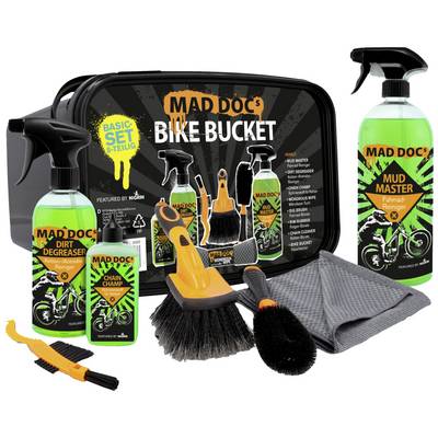 'Bicycle cleaning kit with various sprays, brushes, and cloths in a bucket. Includes degreaser, dirt remover, and chain cleaner.'