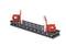 Black metal carrier with red plastic mountings at both ends, potentially part of a construction or assembly component.