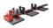 'Optical Bench Experimental Setup: Black and red modules demonstrate light phenomena, connected on a perforated base plate.'