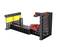 A black and red construction made of building blocks shows an angle with a yellow surface and an inclined platform on the right.