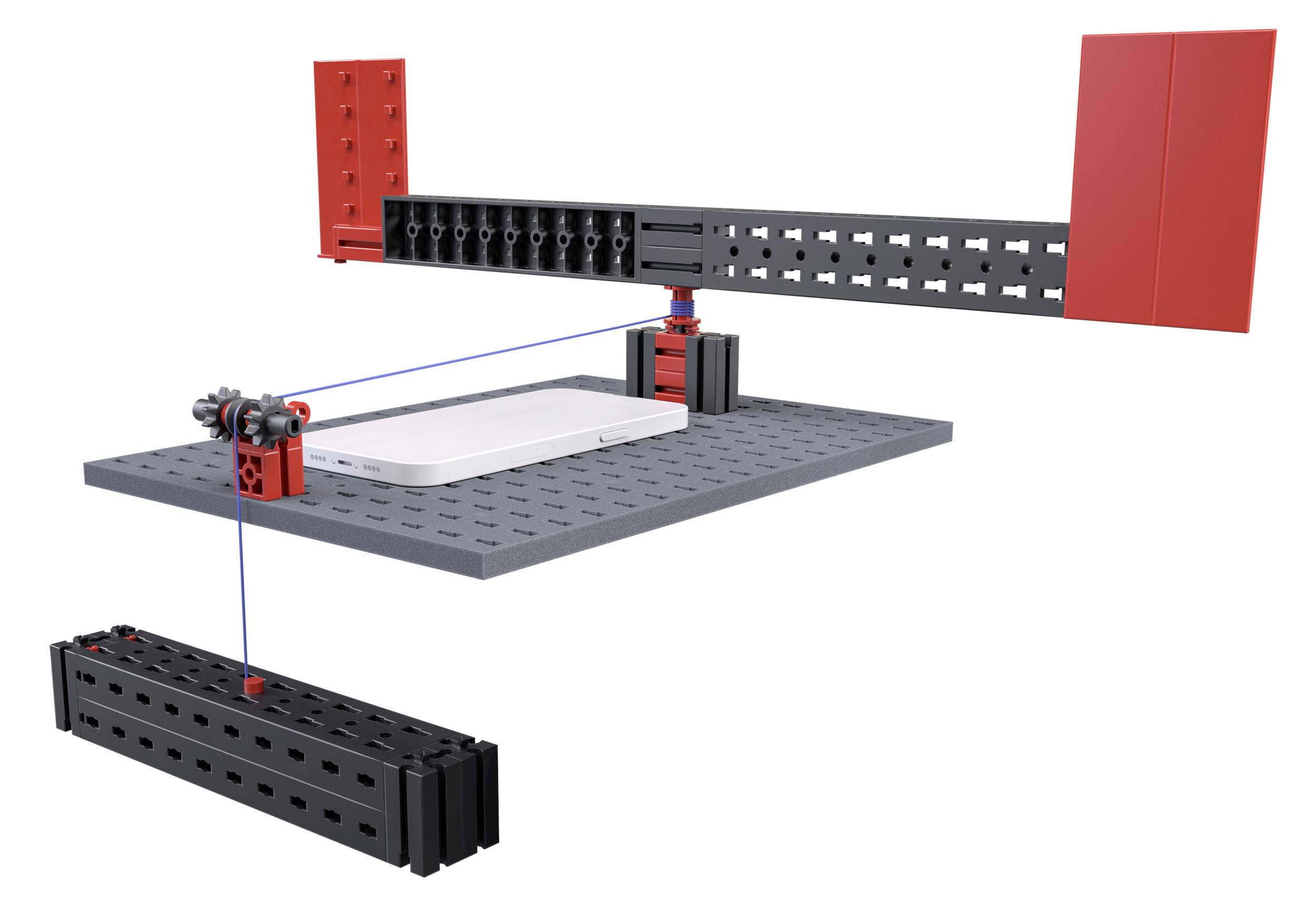 'Experimental setup of a physics experiment with mechanical components and blue cord, potentially demonstrating gravity or lever action.'