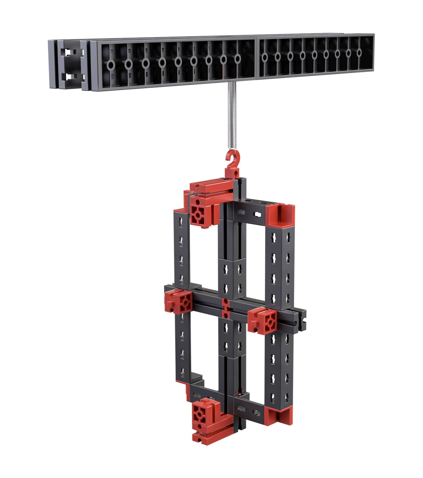 A black and red rectangular frame hangs from a metal rod, which is attached to a black, horizontal structure.