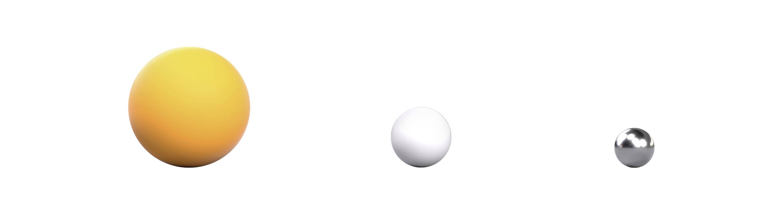 Three spheres of different sizes on a white background: on the left a yellow, larger sphere, in the middle a white, smaller sphere, and on the right a small silver sphere.