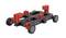 A modular chassis model with four wheels, featuring black and red components, which serves as a base for various constructions.