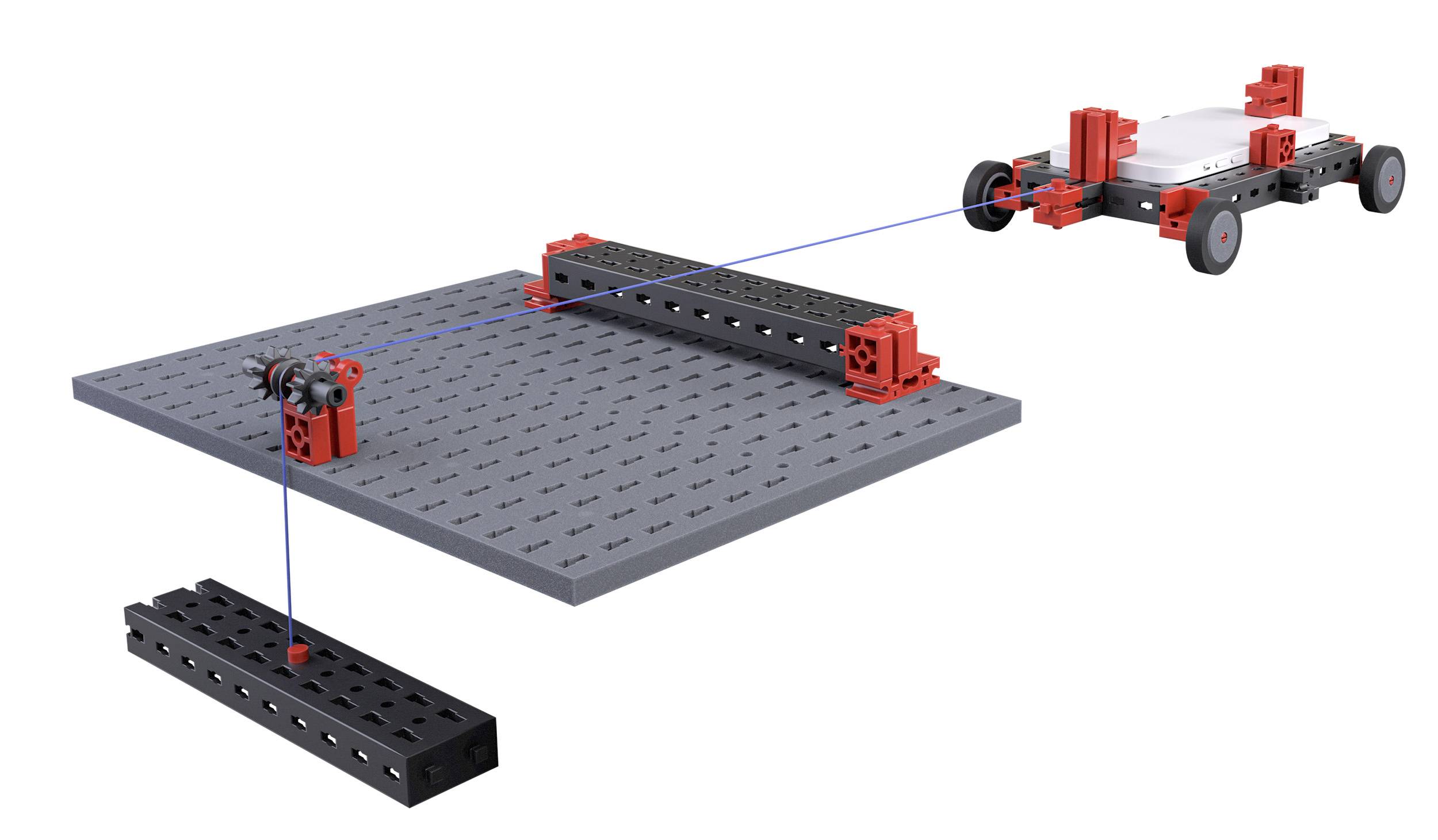 Robotic construction kit model with wheels, sensors, and a build surface. A blue laser shows the connection between components.