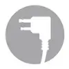 A white plug on a grey circular background, symbolising electricity or electrical connections.