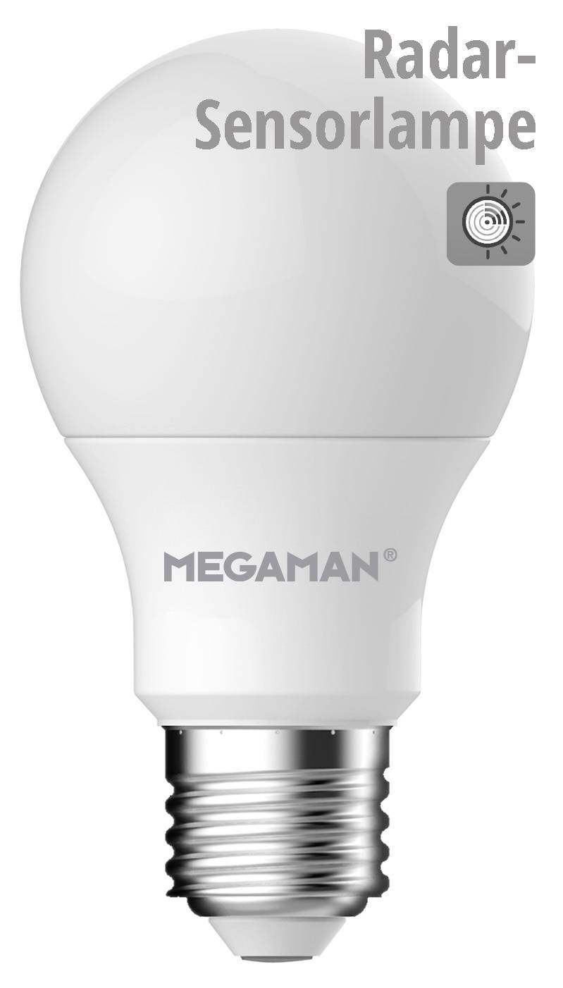 White light bulb with the inscription 'Megaman'. Above it reads 'Radar Sensor Lamp' next to a small picture of a sensor.
