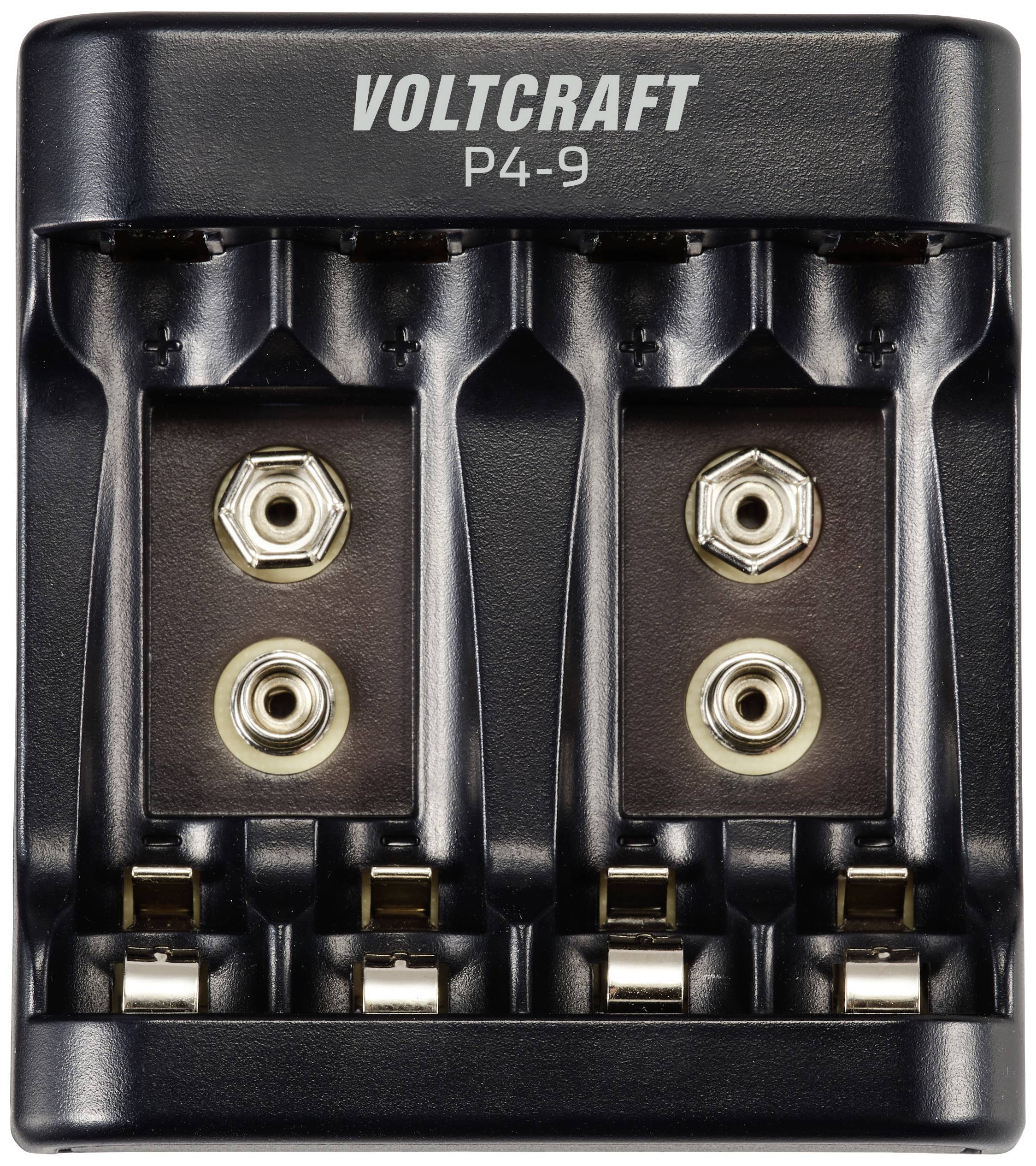 'Battery charger for 9V batteries, Voltcraft brand, Model P4-9, with four charging slots and two visible plug-in positions.'