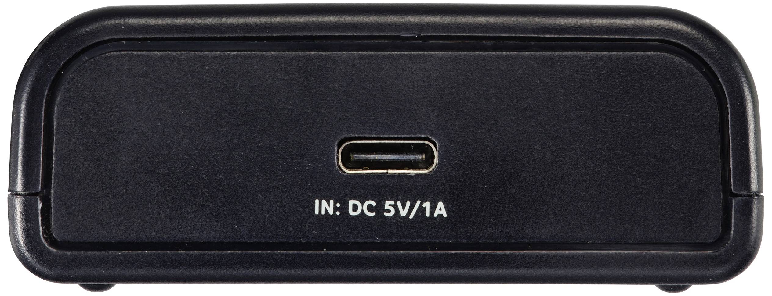 Black charger with a USB-C port and the inscription 'IN: DC 5V/1A'.