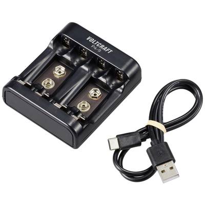 A charger for 9V batteries next to a USB cable.