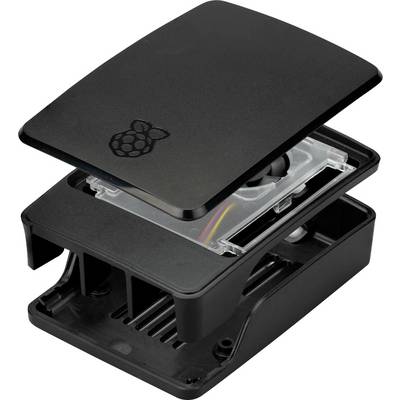 A partially open black case for a Raspberry Pi with visible internal wiring and ports. The Raspberry Pi logo is on the top cover.