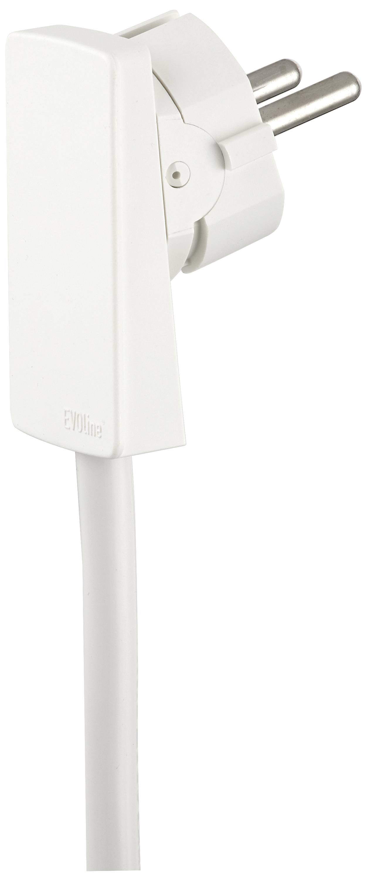 A white, three-pin plug with a power cable is shown from the side, displaying the pins and the casing.