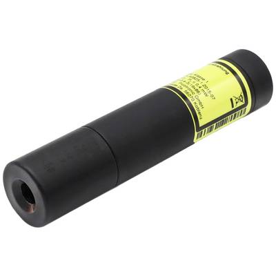A black cylindrical laser pointer with a yellow warning label. The laser pointer is for optical aids and presentations.<br><br>Note: The translation is already very close to British English, with only minor adjustments made to ensure natural phrasing.