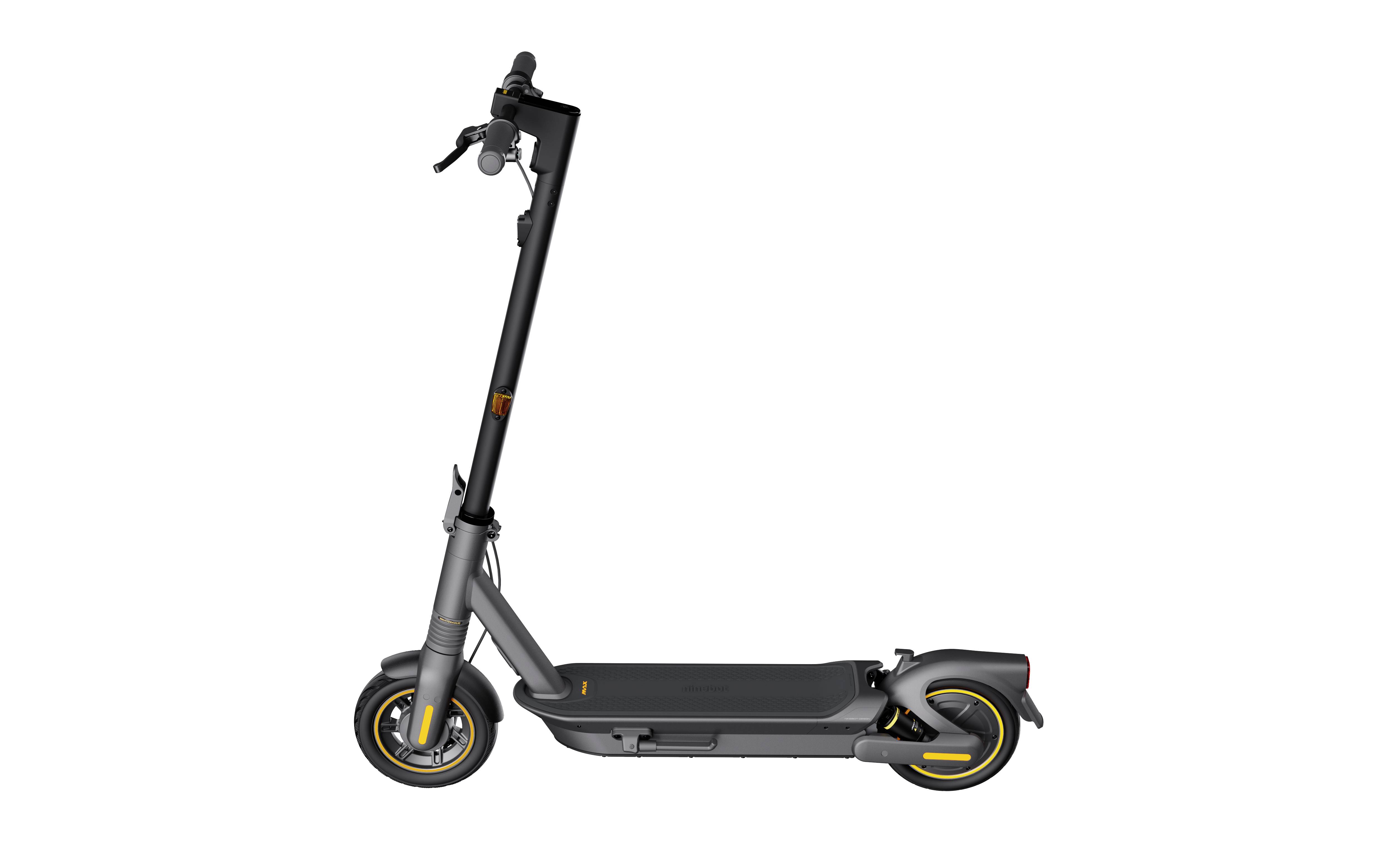 A black electric scooter with a sleek design and yellow accents, pictured from the side. Ideal for urban mobility.