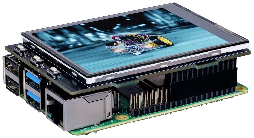 A single-board computer with a touchscreen display showing an image of an autonomous vehicle on a racetrack.