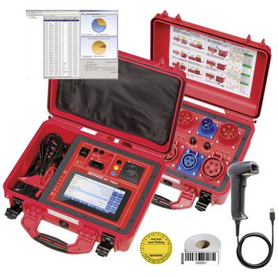 A red suitcase with an electronic measuring device and cables, next to colourful plug sockets. Tanbon label roll and barcode scanner included.