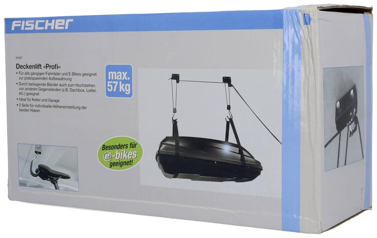 Ceiling-mounted bicycle lift, suitable for e-bikes, maximum load 57 kg, with pulley mechanism.