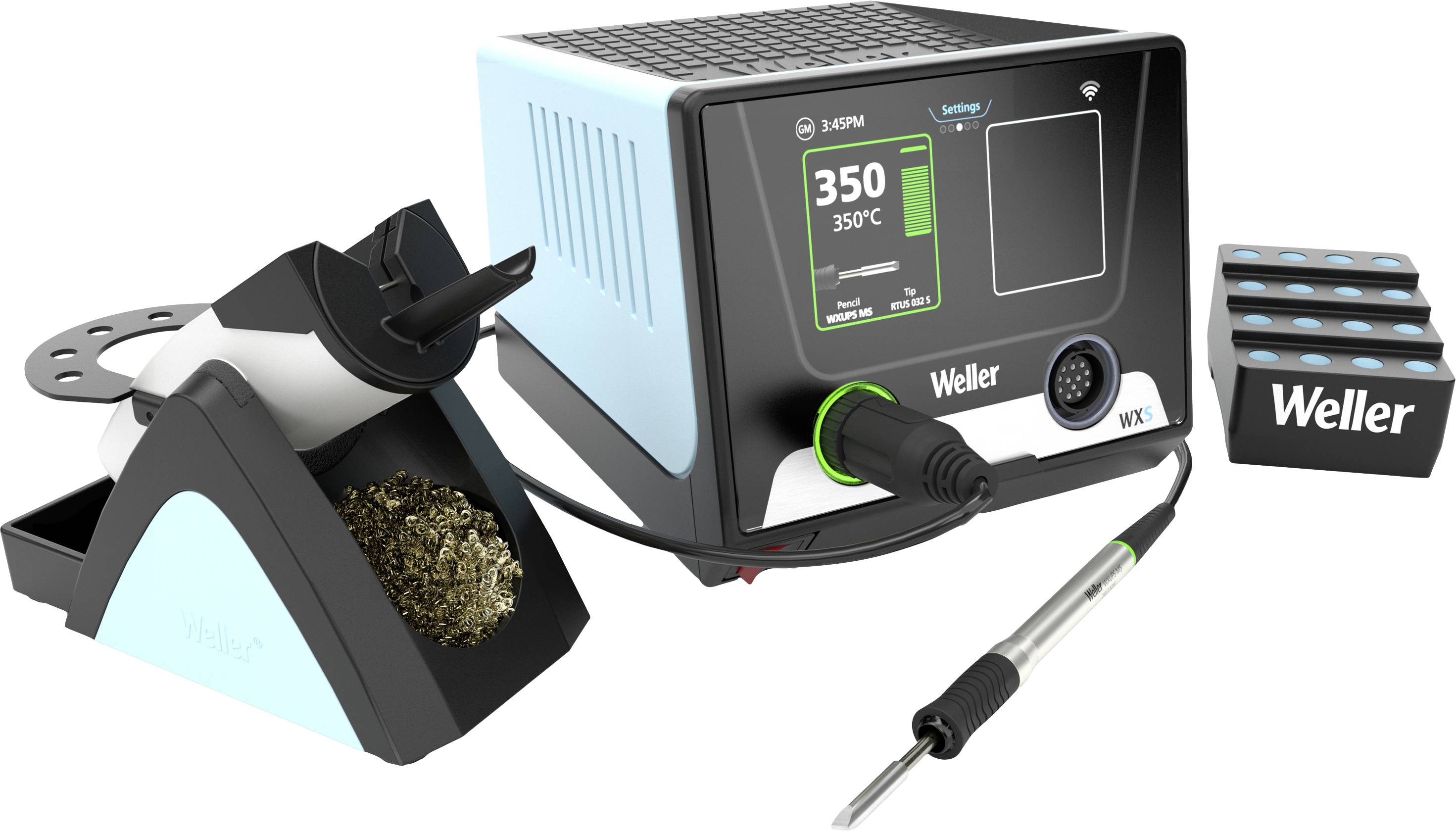 A soldering station with a digital display shows 350°C. Beside it lies a soldering iron and a cleaning container with a metal sponge.