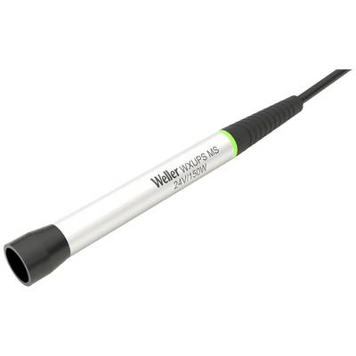 Weller soldering iron, model WXUPS MS, 24V/150W, black and white handle with green detail, side view.