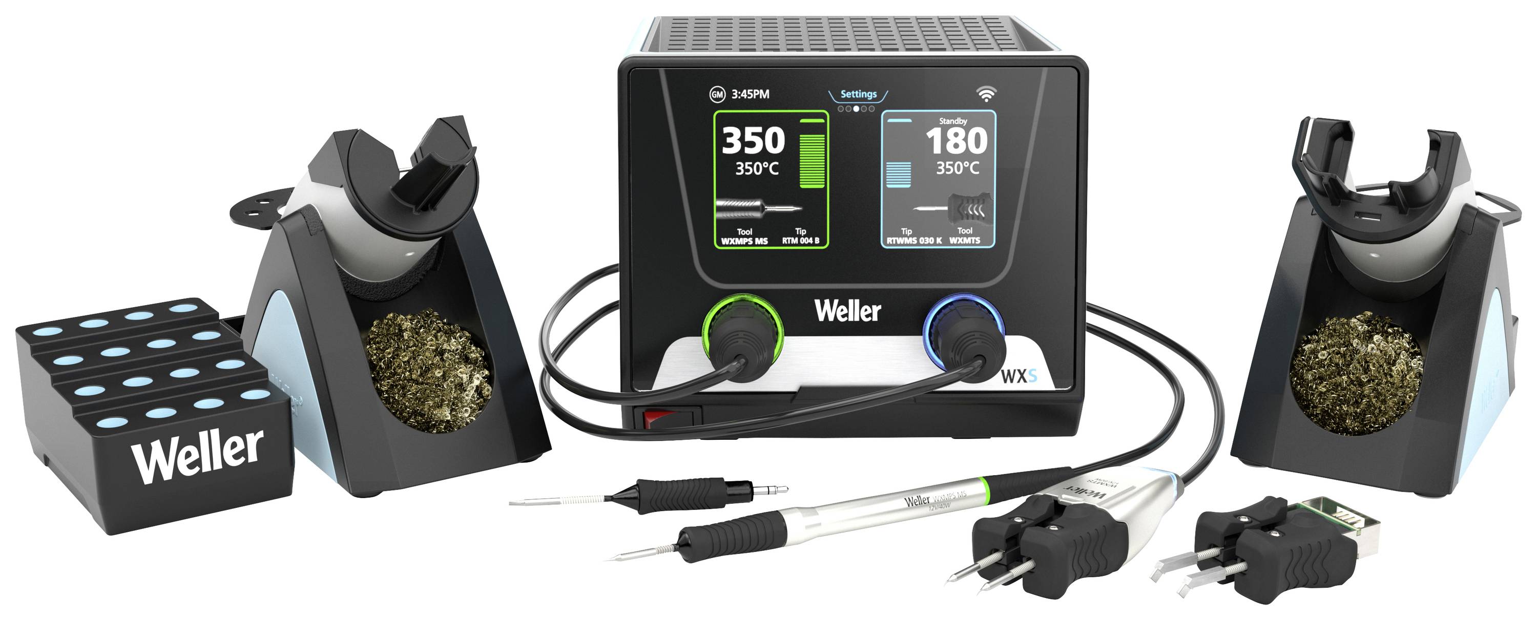 Soldering station with two handles, both with temperature indicators of 350°C and 180°C. Two soldering tools with soldering tips are ready.