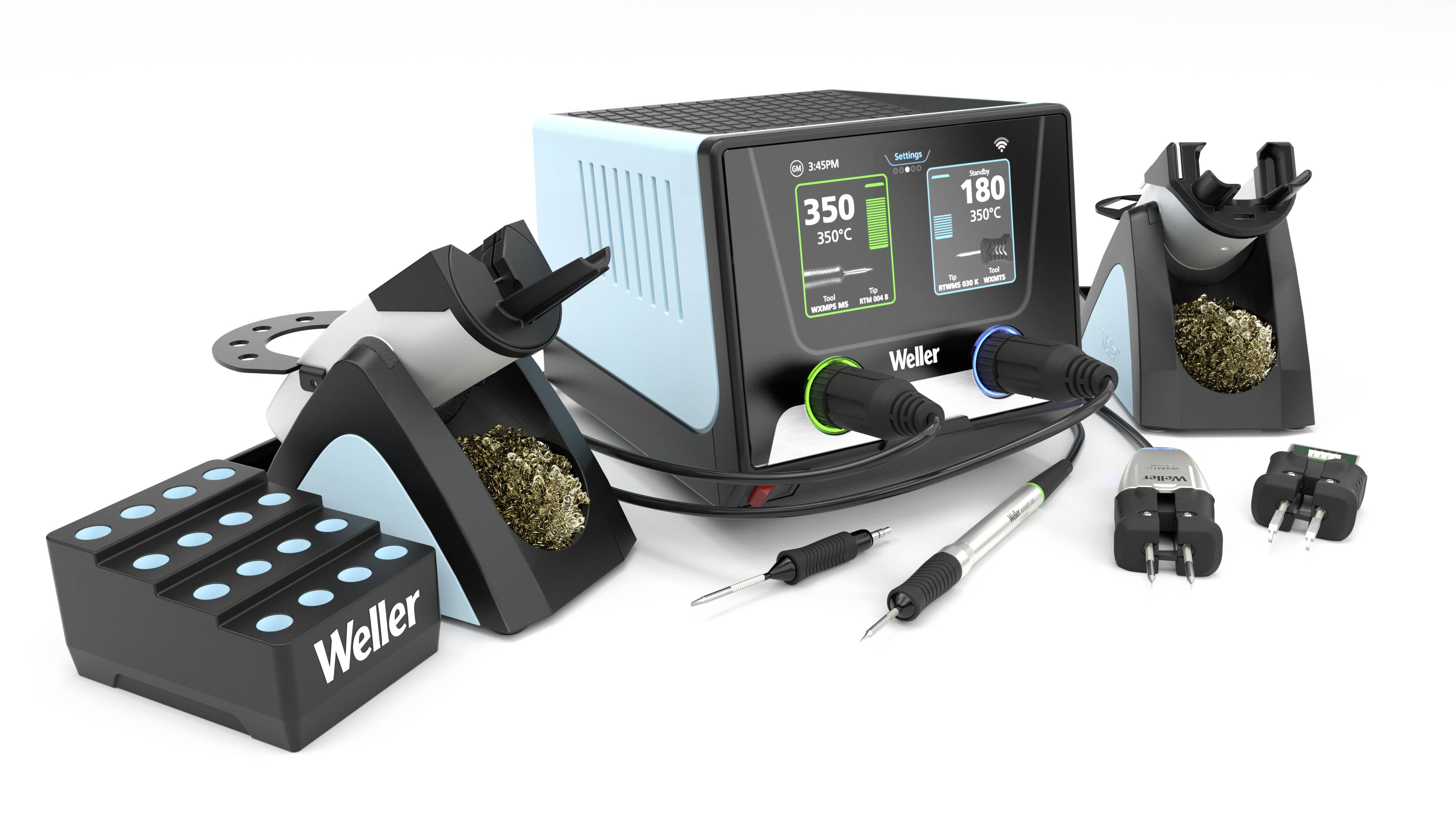 Soldering Station 'Weller' with digital display showing 350°C and 180°C. Includes soldering tips, tool holder and power plug.