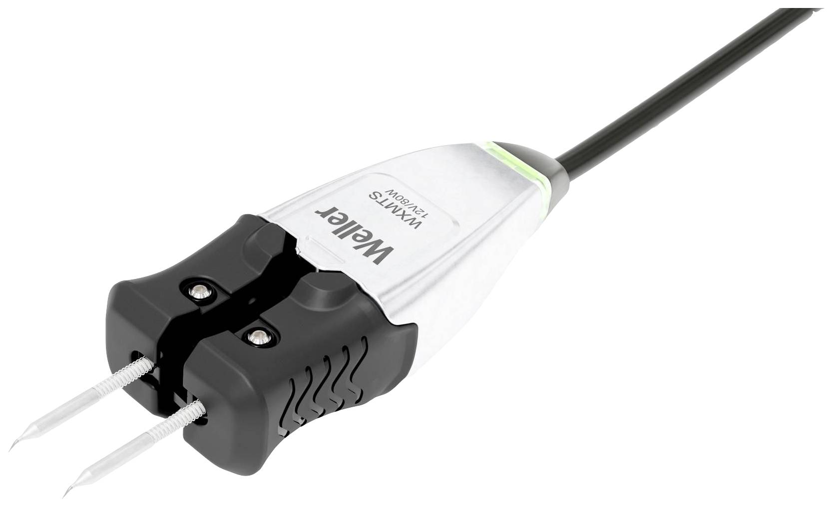 Soldering iron with two fine tips and a black handle, connected by a cable. Suitable for precise soldering work.