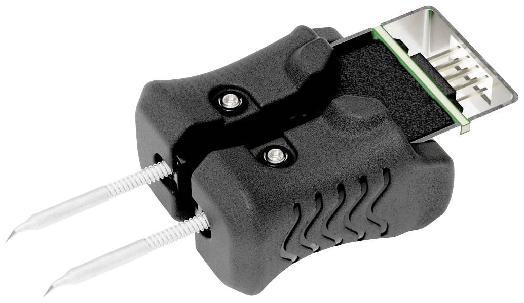 A black, electronic adapter with two metal pins and a plug connection. Used for measuring or connecting electronic components.
