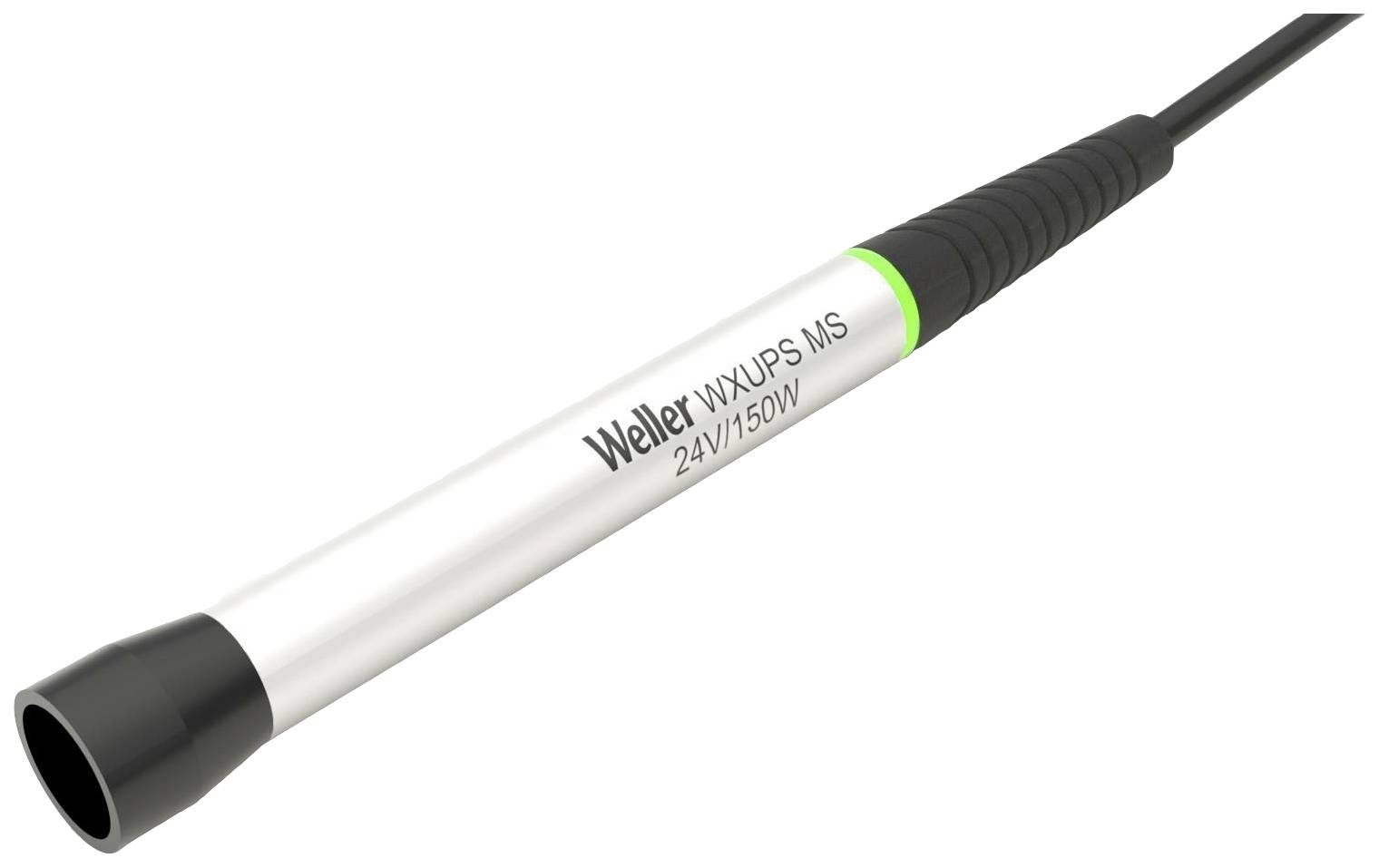 Soldering iron with label 'Weller WXXUPS MS 24V/150W', black handle, silver shaft, suitable for precise soldering.