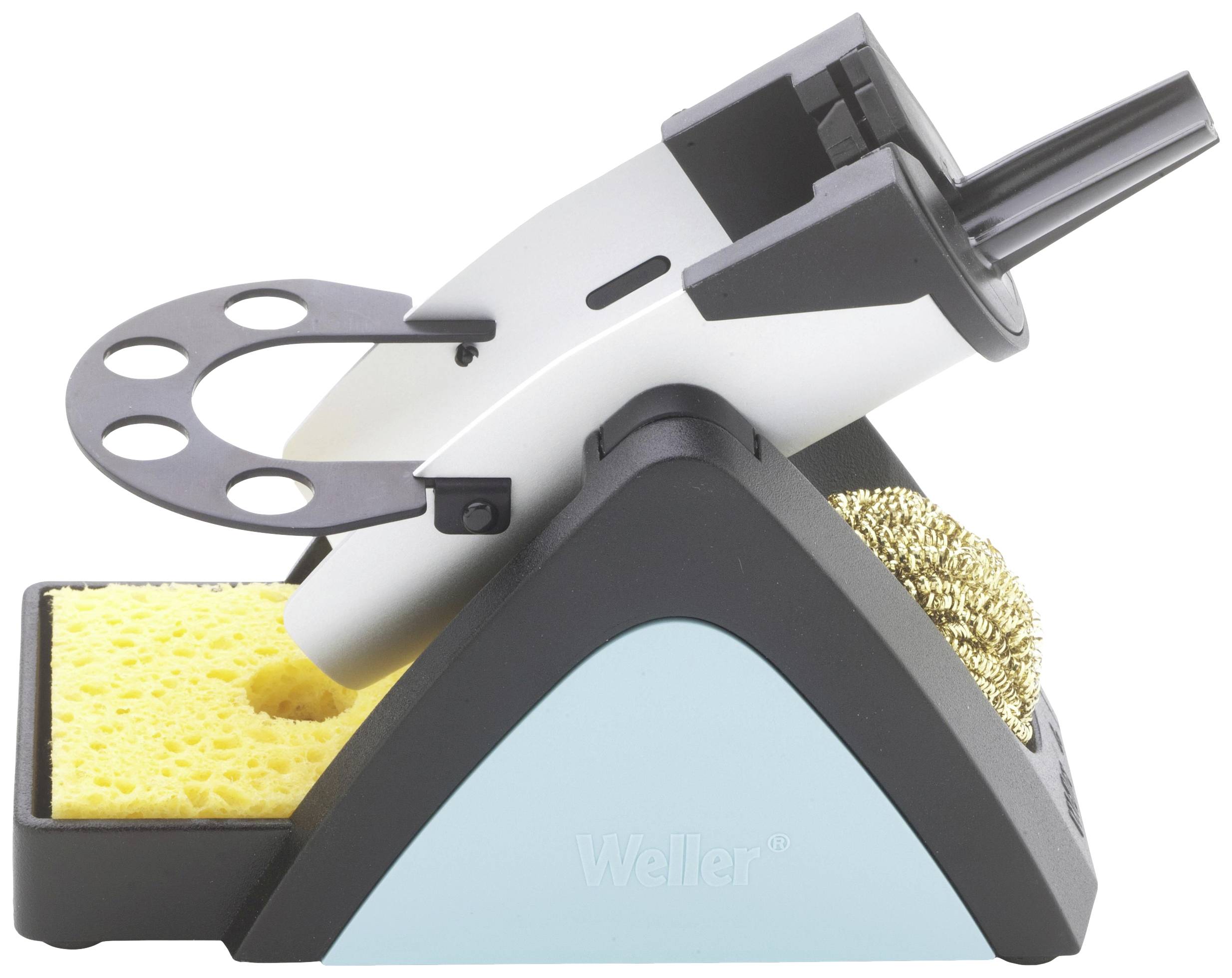 Soldering iron stand with cleaning sponge and metal mesh for maintaining the soldering tip.