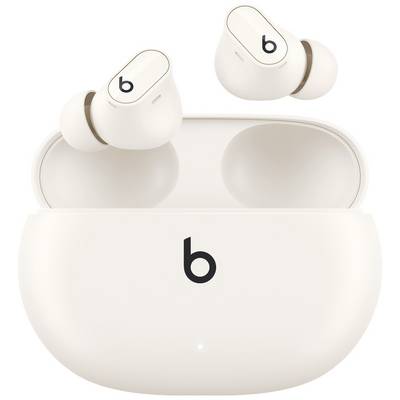 Wireless white earbuds with "b" logo, in and over a matching charging case.
